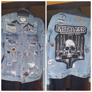 upcycled distressed denim jean jacket w/ blackcraft cult back patch